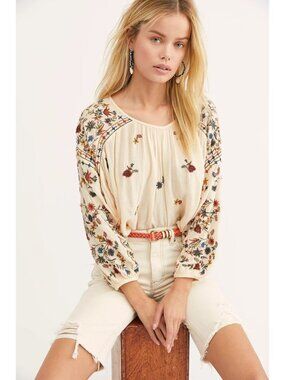 Free People Wild Flowers Embroidered Peasant Blouse 3/4 Sleeve Cream